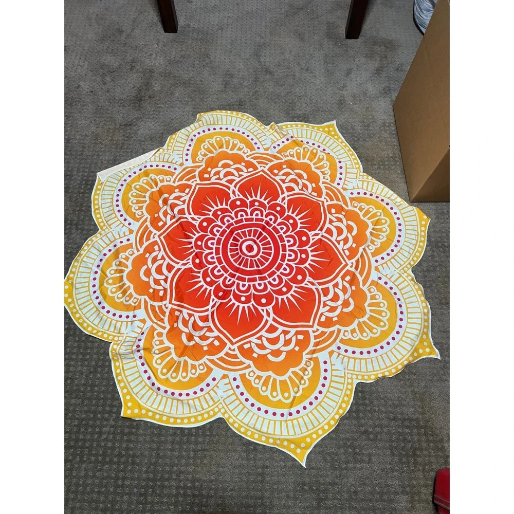 Orange Yellow Lotus Mandala Tapestry Round Scalloped Boho Wall Hanging 47 Inch
